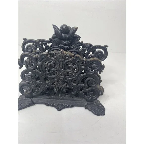 Vintage Antique Black Cast Iron Napkin Letter Holder Angel Cherub Ornate